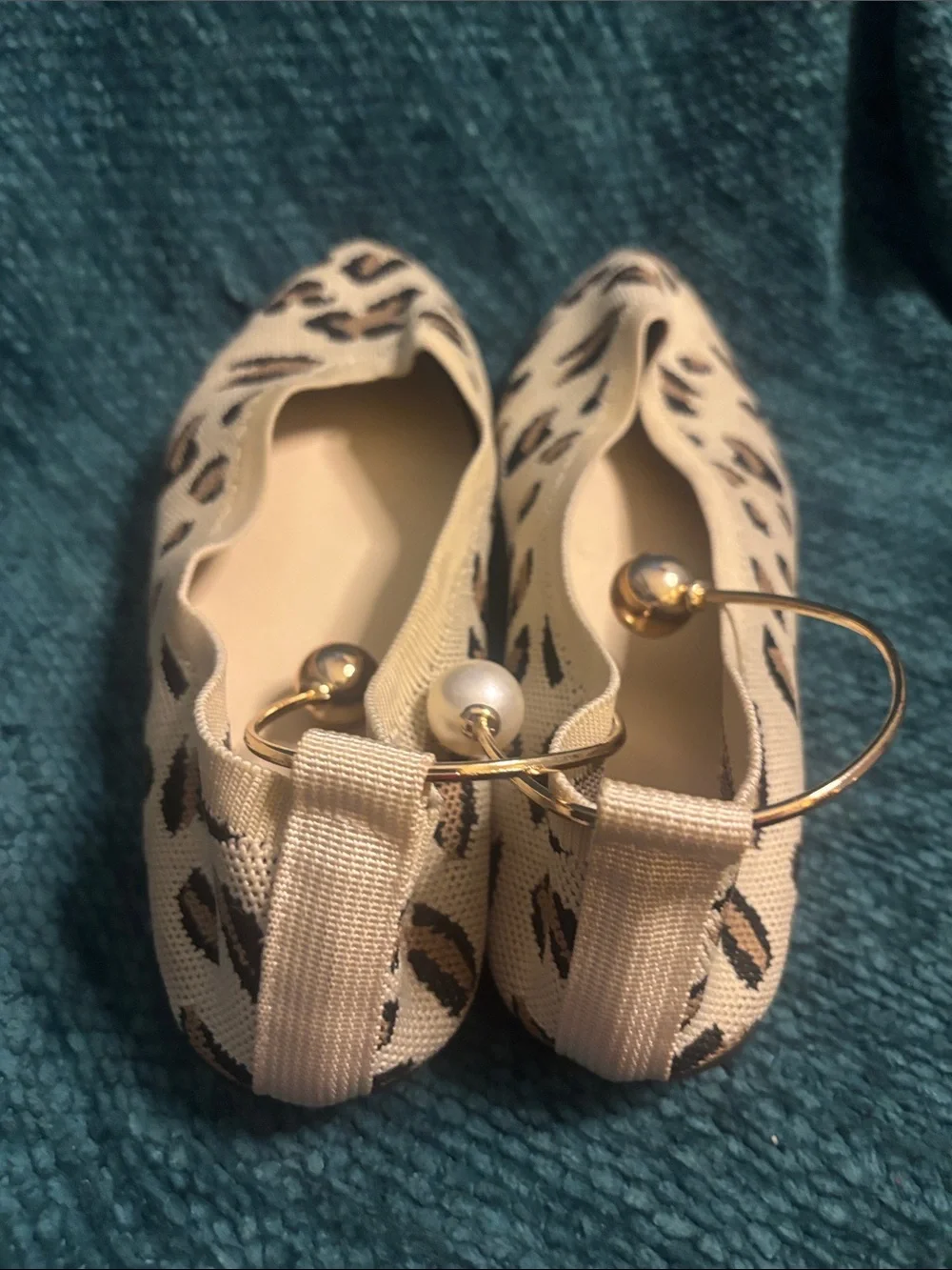 Leopard Knit Ballet Flats with Pearl Accent - Beige